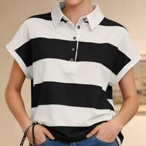 Oversized Rugby Polo Shirt Striped Short Sleeve Women Top Black & White